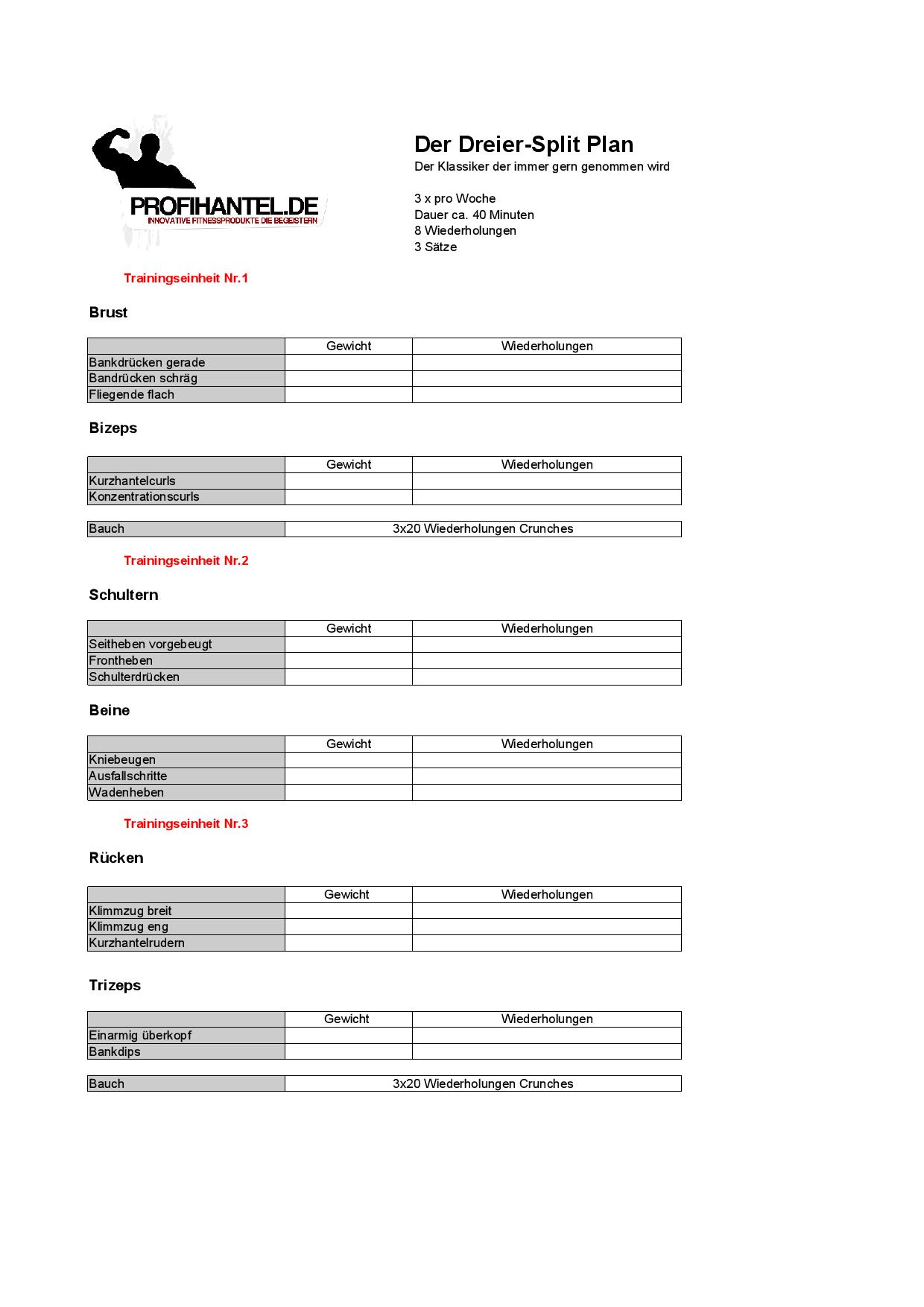 Profihantel De 3er Split Trainingsplan Fur Anfanger Und Fortgeschrittene Als Pdf